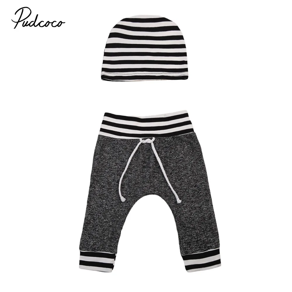

2017 New Brand Newborn Toddler Infant Baby Boys Girls Pants Striped Printed Bottom Casual Pants Hat 2Pcs
