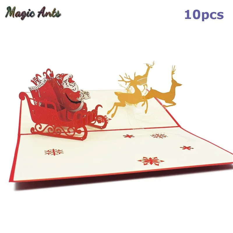 10 Pack Merry Christmas Cards Santa Reindeer Sleigh Pop Up Cards with