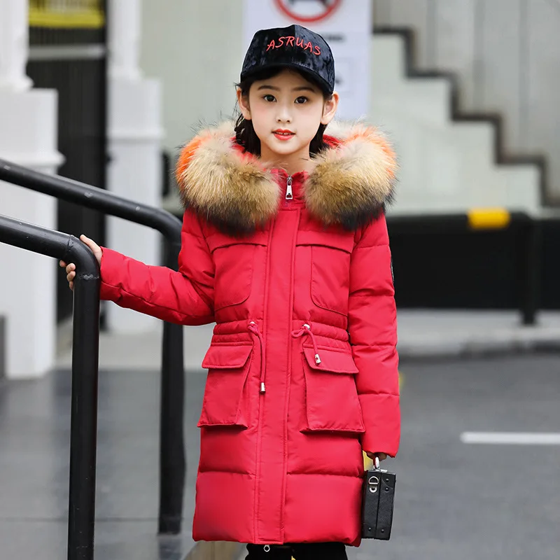 

down jacket winter new style Zhongda children, long hair, big hair collar, thickened white duck down girl winter coat.