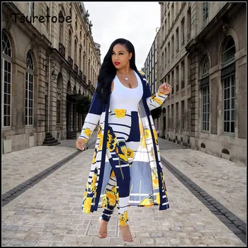 

Tsuretobe New Autumn Printed Casual Two Piece Set Women Long Section Cloak And Bodycon Pants Elegant Tracksuit Fashion Female