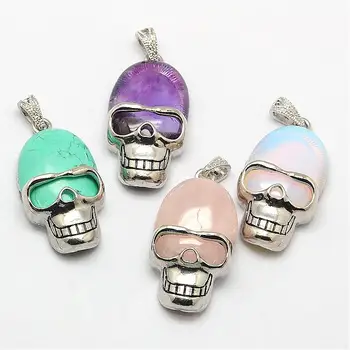 

10Pcs Personalized Retro Halloween Skull Jewelry Bezel Gemstone Pendants with Antique Silver Color Brass Findings, 43x23x12mm