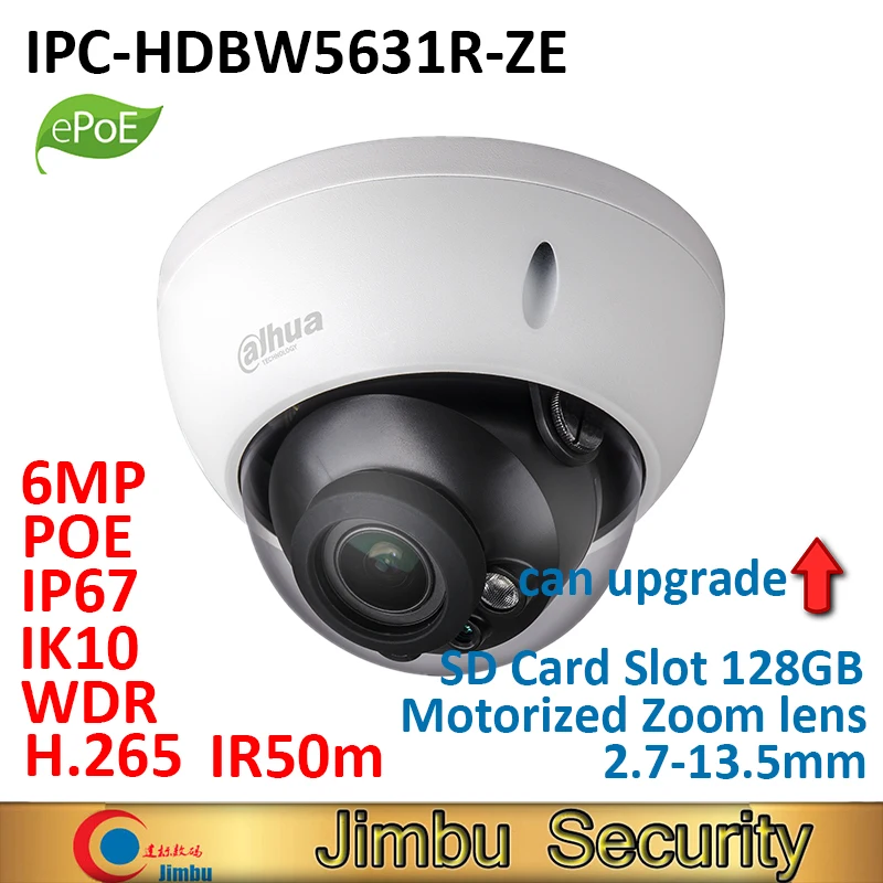 Dahua IP ePOE Камера 6MP POE ИК 50 м IPC-HDBW5631R-ZE 2,7 мм ~ 13,5 мм Моторизованный объектив IP67 IK10 H.265 и H.264 слот для карт памяти SD 128 ГБ