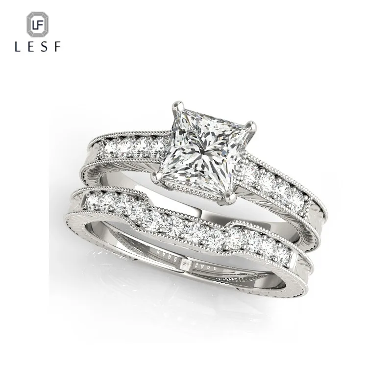 

LESF 925 Silver Ring set 1 ct Round cut Zircon Engagement Wedding Jewelry Wedding Unique Design Support customization