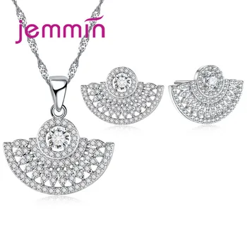 

Wedding Jewelry Sets Fan Shaped For Women Stud Earrings & Necklace Pendant Set CZ Silver Color Jewelry