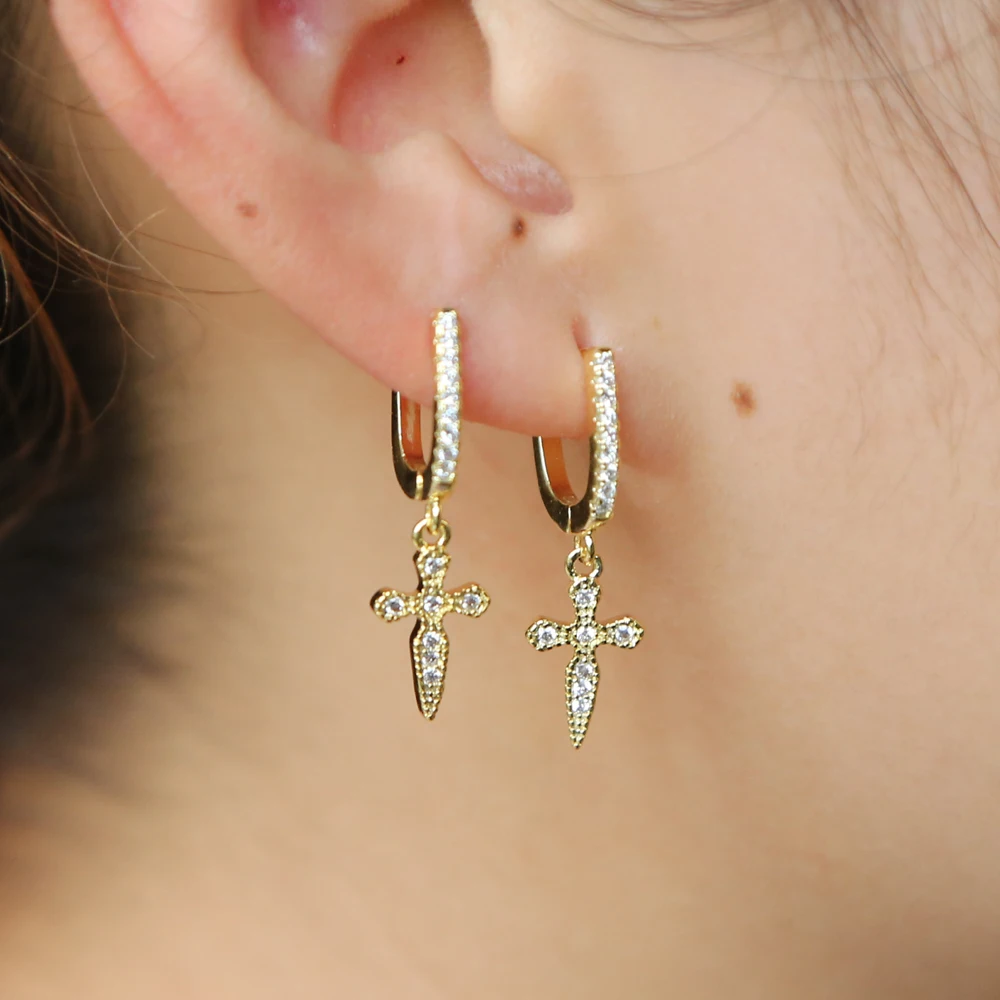 New Fashion Women boy Costume Jewelry Drop Earrings Cross CHARM Vintage PAVE CZ CROSS Gold-Color Women Crosses Earring