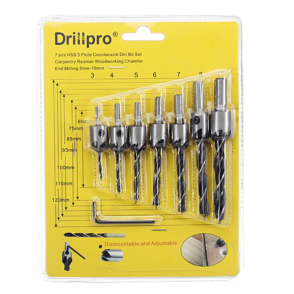 

Drillpro 7pcs HSS 5 Flute Countersink Drill Bit Set Reamer Woodworking 3-10mm Chamfer Drill Bits Twist Drills