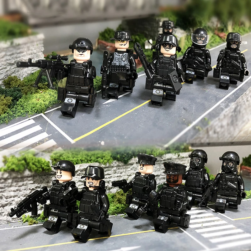  12pcs LegoINGlys Military Mini Figures SWAT City Police with Weapon Bulletproof vests Mask Building