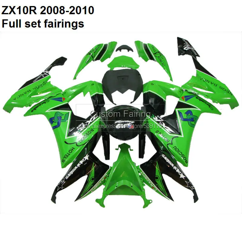 

100%new hulls kit For Kawasaki ZX10R 08 10 Ninja 2008 2009 2010 green / black ZX-10R FAIRING KIT FAIRINGS [XX001]