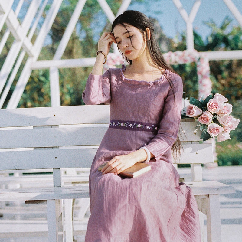 

LYNETTE'S CHINOISERIE Spring Autumn Original Design Women Vintage Embroidery Linen Dresses