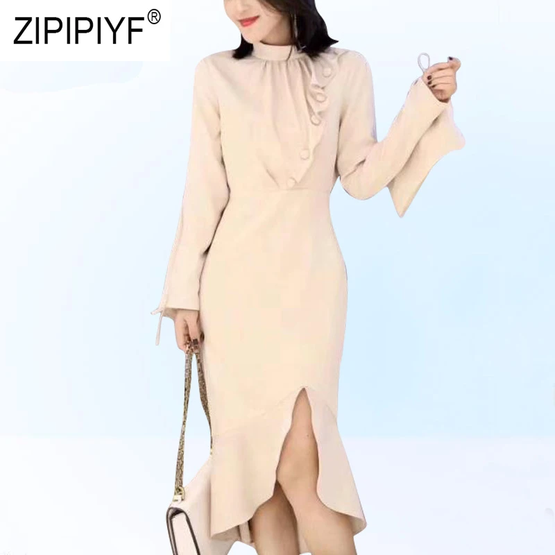Fashion Women Dress 2019 Spring Newest Solid Knee-Length Lady Female High Waist A-Line Long Sleeve Bodycon Dresses K558 | Женская одежда
