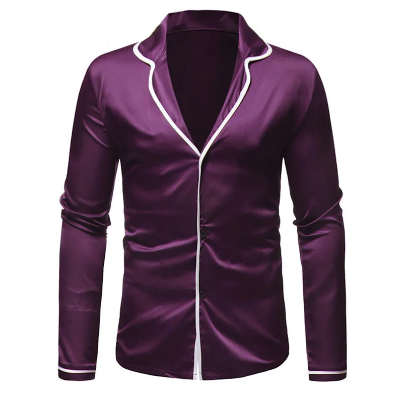 Элегантная Фиолетовая рубашка для обеда, джентльменская одежда, отложной воротник, праздничная одежда с длинным рукавом, однотонные мужские рубашки, европейские свободные топы