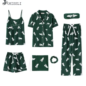 

JRMISSLI Women Pajamas Sets 7 Pieces Cotton Sleepwear Pijama Print Home Clothing Sleep Lounge Pyjama