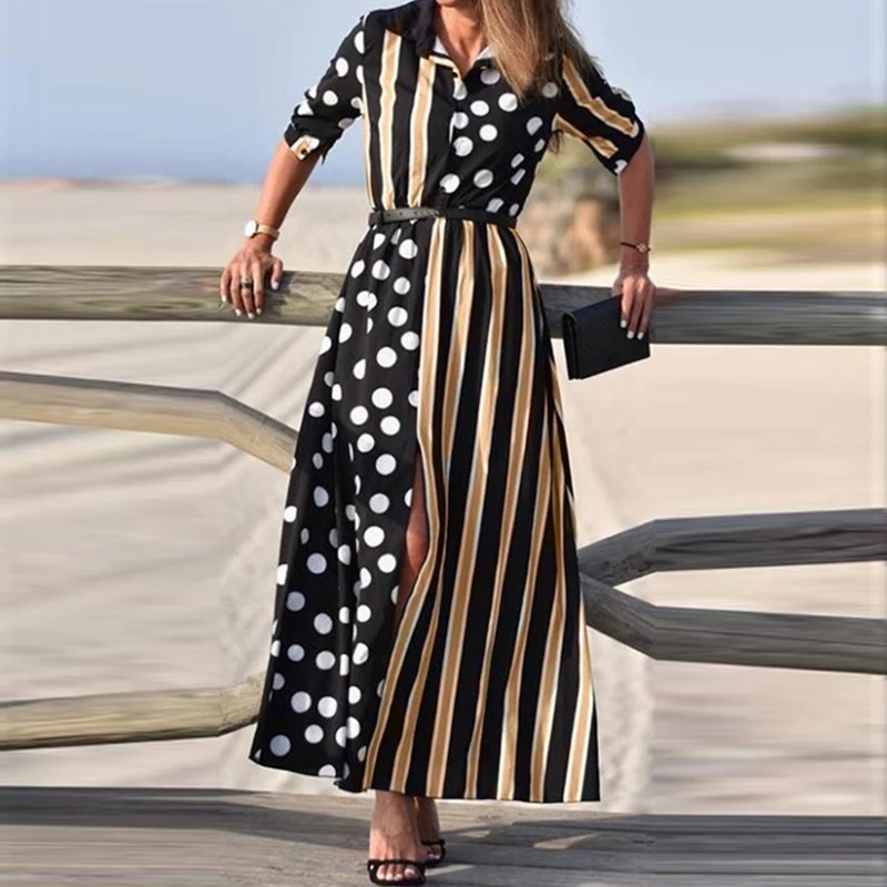 Women Polka Dot Patchwork Striped Summer Beach Party Maxi