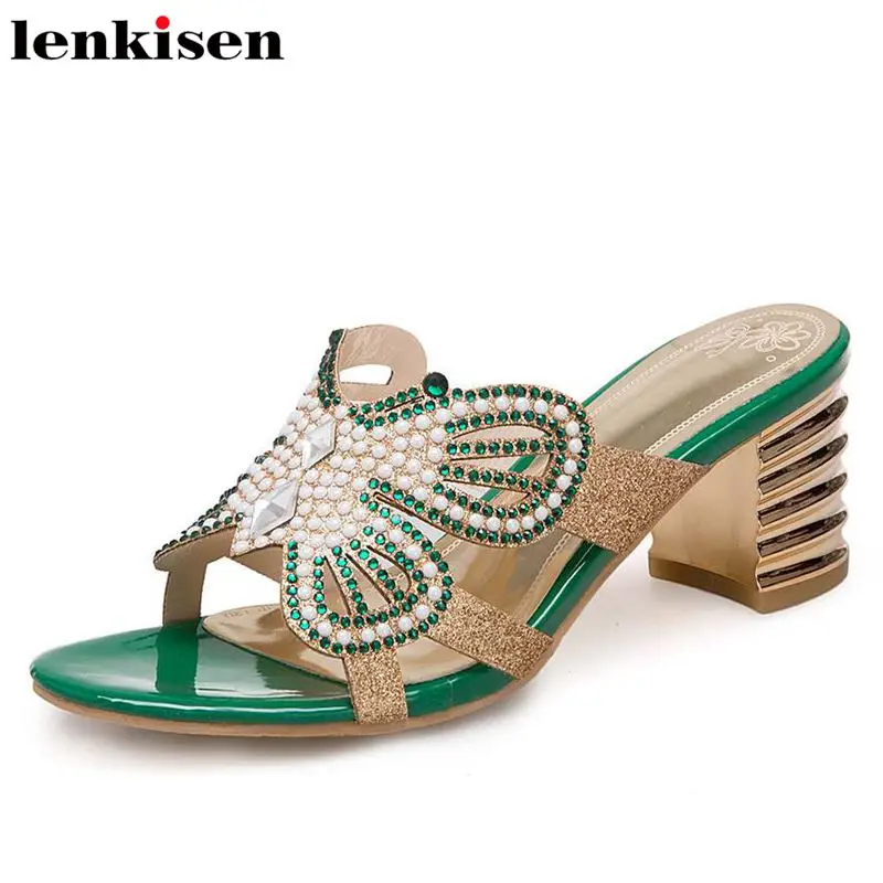 

Lenkisen 2018 ethnic style big size pu string bead solid mules slip on high heel meeting dress runway wallking women sandals L16