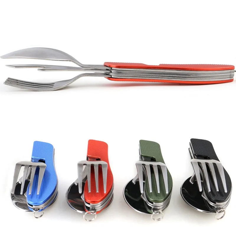 4 en 1 multifunción plegable al aire libre vajilla (tenedor/cuchara/cuchillo/abrelatas de botella) camping Picnic Acero inoxidable herramienta Kits de viaje