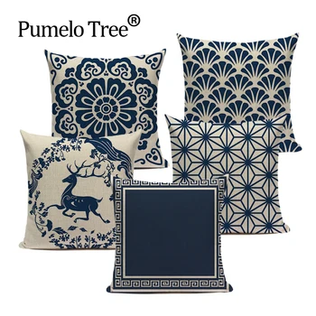 

Customized Cushion Covers Blue White Printed Linen Cushion Cover High Quality Sofa Bedding Vintage Decorative Throw Pillow Case
