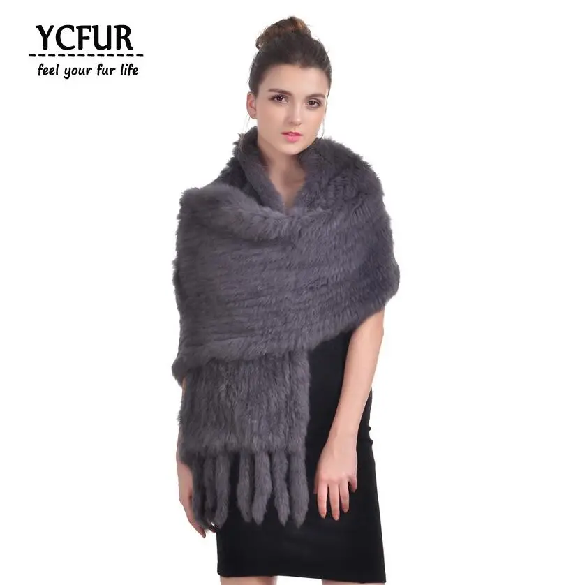 YCFUR 170 см, женские шали, шарфы, зимние, мягкие, теплые, ручная работа, вязаные, натуральный кроличий мех, шарфы, шарфы, длинный шарф с кисточками, женские - Цвет: dark grey