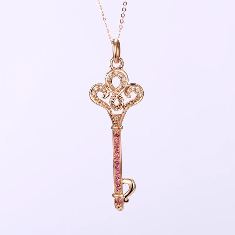 

Robira Hot Sell Heart Key Necklaces & Pendants Elegant Natural Ruby Stone Wedding Necklace 18K Rose Gold Women Jewelry