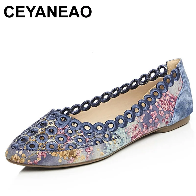 

CEYANEAO New women ballet flats Fashion Embroidery flat shoes sweet hollow summer female shoes casual Mom shoes Plus Size 34-42