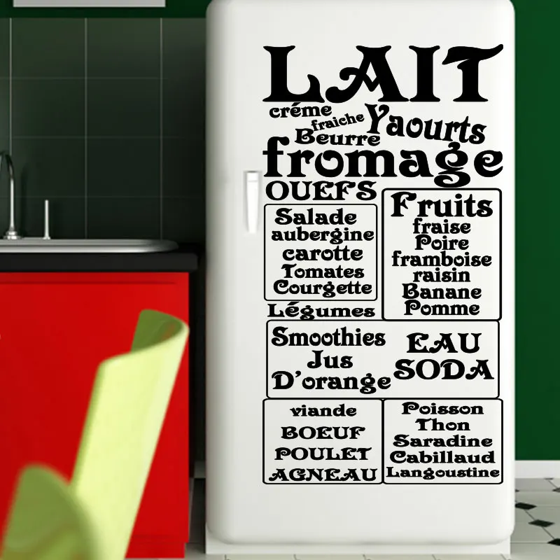 Adesivi Frigo-Citazione-Lait-Fromage-Oeufs-Ruits-Soda Della Parete Del Vinile Della Decalcomania Di Arte Murale Carta Da Parati Cucina Complementi Arr