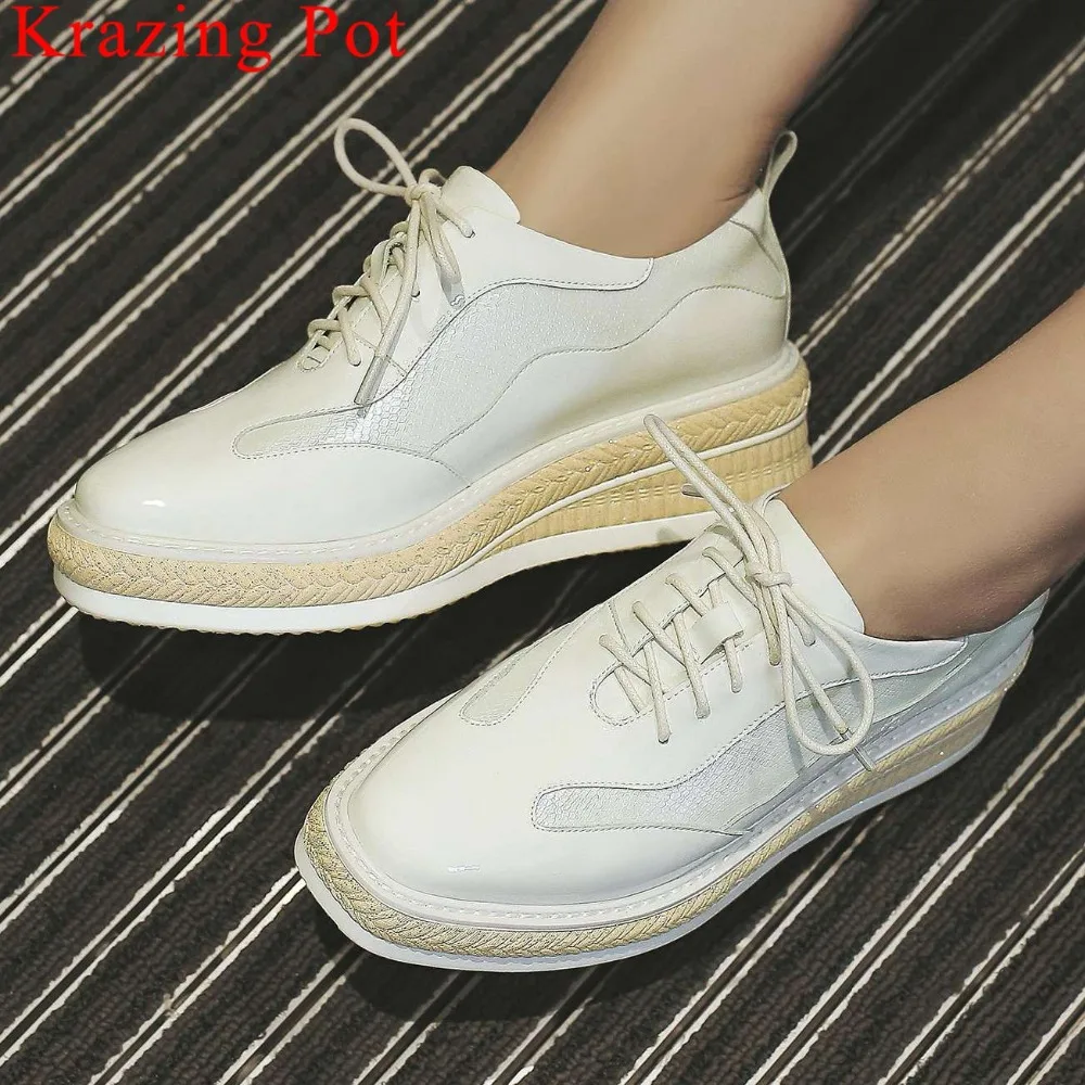 

2019 European designer punk style lace up square toe wedges med bottom platform lace up big size concise increased shoes La6