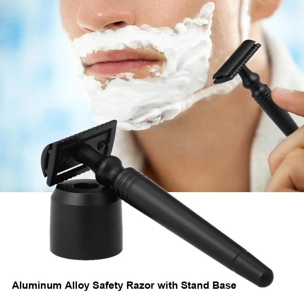 

Aluminum Alloy Safety Razor with Stand Base Rotating Beard Trimmer Double-edged Long Handle Razor