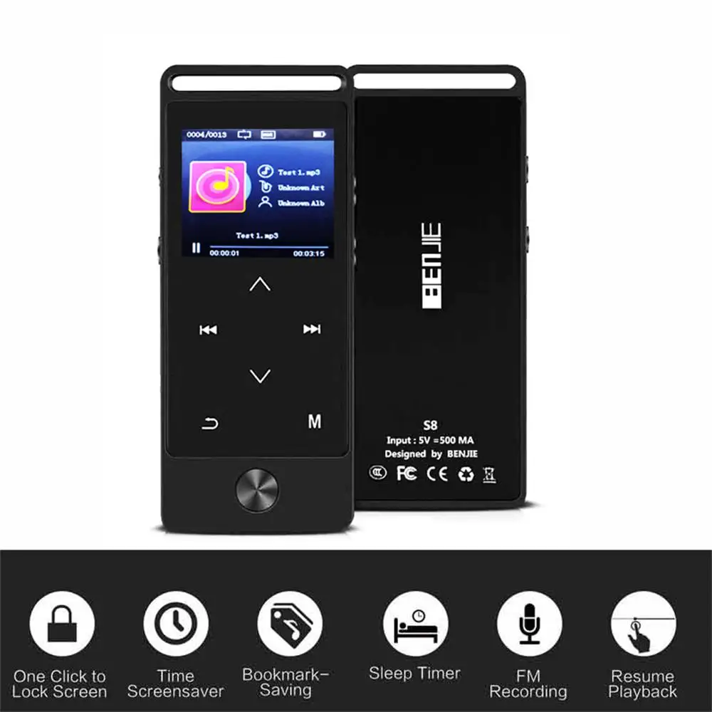 Обновленная версия,, BENJIE-S8, Bluetooth, MP3, музыкальный плеер, сенсорная кнопка, 8 ГБ, с 1,4 дюймовым большим экраном, металлический корпус из сплава с FM