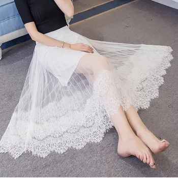 

#1517 Tulle Skirt Long See Through Casual Solid Color Lace Pleated Skirts Ladies Mesh Skirt Plus Size High Waist Elastic Summer