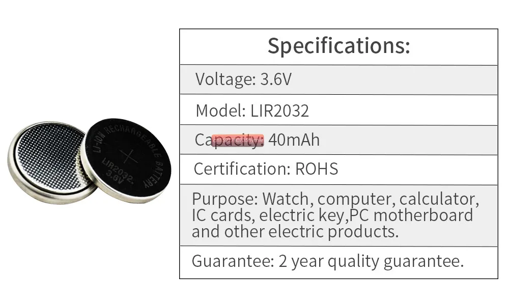 5 шт. 3,6 В LIR2032 lir 2032 литий-ионная аккумуляторная батарея 40 мАч литий-ионная Кнопка монетница Замена для CR2032 CR 2032