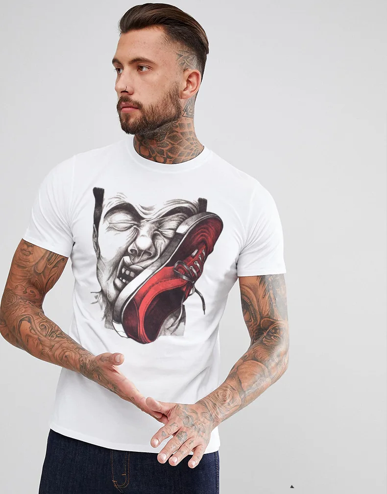 

Men's Wear Summer 2019 New Men's T-shirt Top Mischievously Printed Head Like Pure Cotton White Short Sleeves