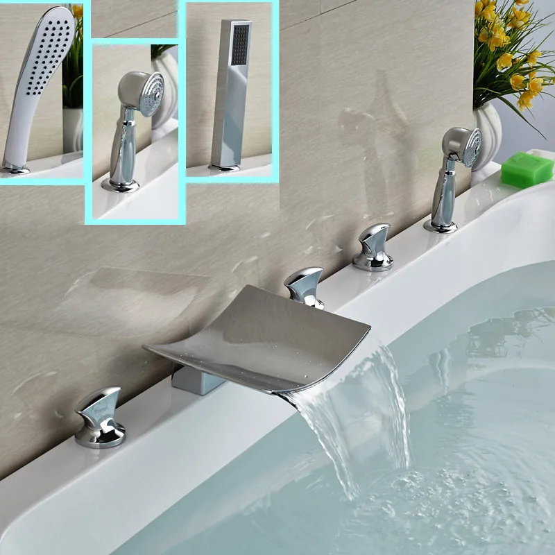 Bright Cchrome 5pcs Widespread Waterfall Bathtub Faucet Deck Mount with Handheld Shower