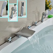 Bright Cchrome 5pcs Widespread Waterfall Bathtub Faucet Deck Mount with Handheld Shower