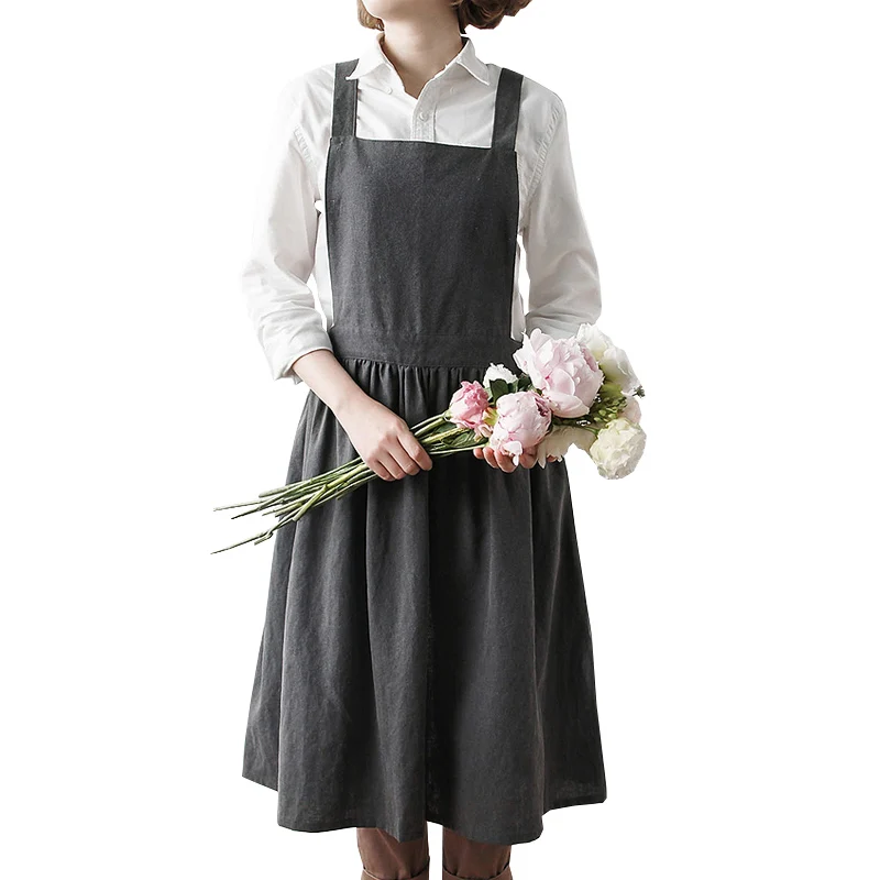 

2018 Newest Washed cotton-flax Kitchen Aprons for Woman Cooking Backing Household Flower Shop Waiters X Strap Apron
