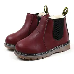 Зимние Обувь для мальчиков ботинки для девочек обувь для детей Для мальчиков Обувь для девочек толстые Мех животных ботинки Martin Кожаные