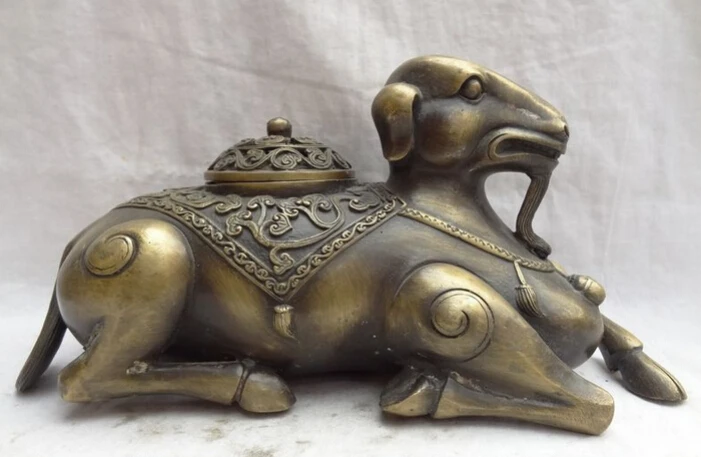 

song voge gem S3314 11" Chinese Bronze Copper Year Zodiac Lying Sheep Statue Incense Burner Censer