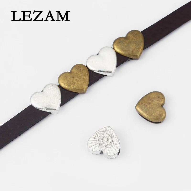

10pcs Antique /Bronze Heart Shape Charms Slider Beads Spacer For 12x2.5mm Flat Leather Cord Jewelry Findings Accessories