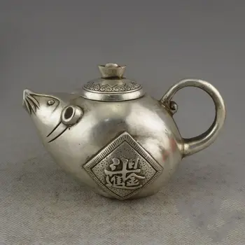 

Marked Chinese Silver Auspicious Wealth Lovely Mouse kettle flagon teapot statue
