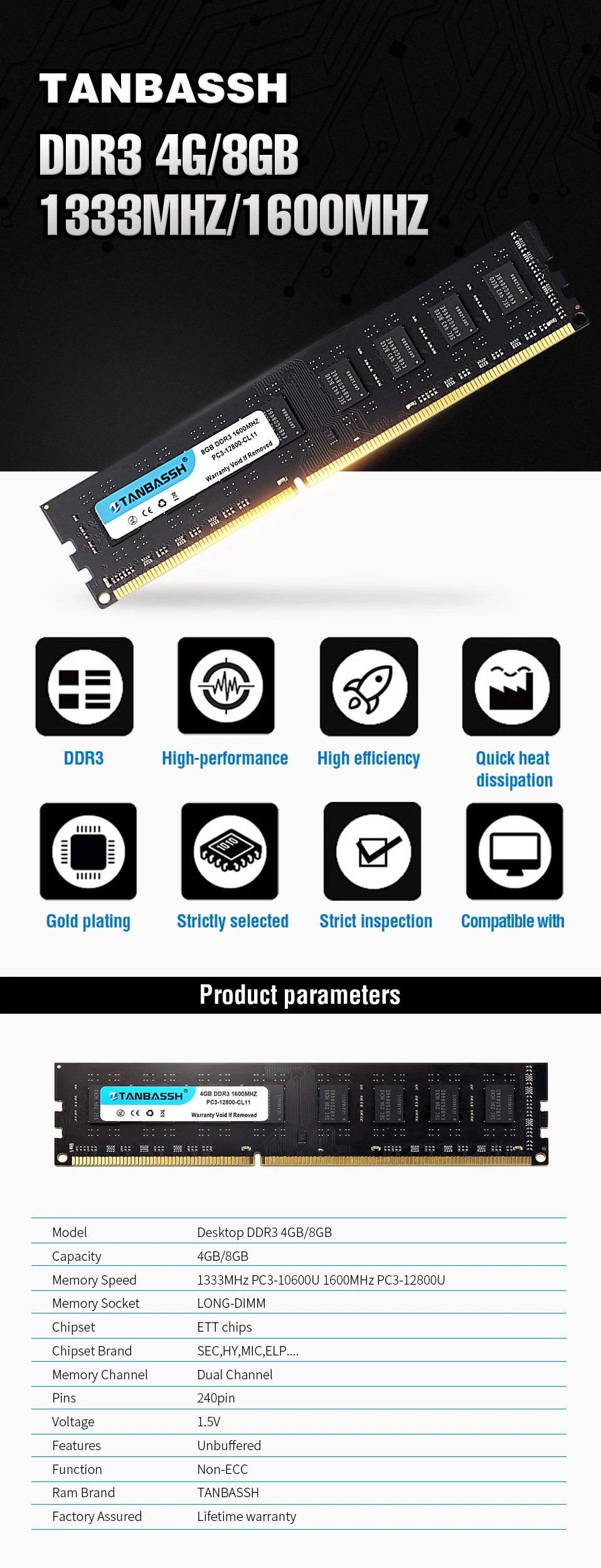 Оперативная память DDR3, объемом памяти 4 ГБ/8 ГБ 1333 МГц/1600 МГц 240pin длинный двухрядный модуль памяти 1,5 в Intel/AMD TANBASSH