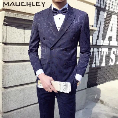 breasted double suit piece tuxedo slim vest suits pants navy