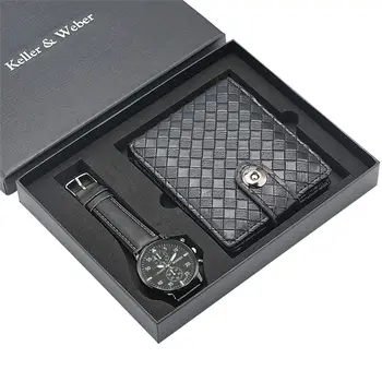 Keller & Weber Men Watch Wallet Set Black Male Quartz Watches Business Wallet Birthday Gifts Box Horloges Mannen watch men s steel wristwatch gift set pu leather wallet gifts male luxury black mens watch quartz reloj best birthday present