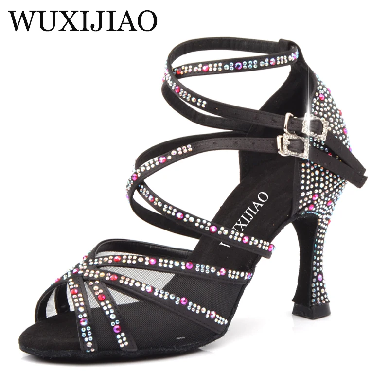 WUXIJIAO Ladies Latin dance shoes with black satin rhinestone style high heels salsa dancing heel 9cm | Спорт и развлечения