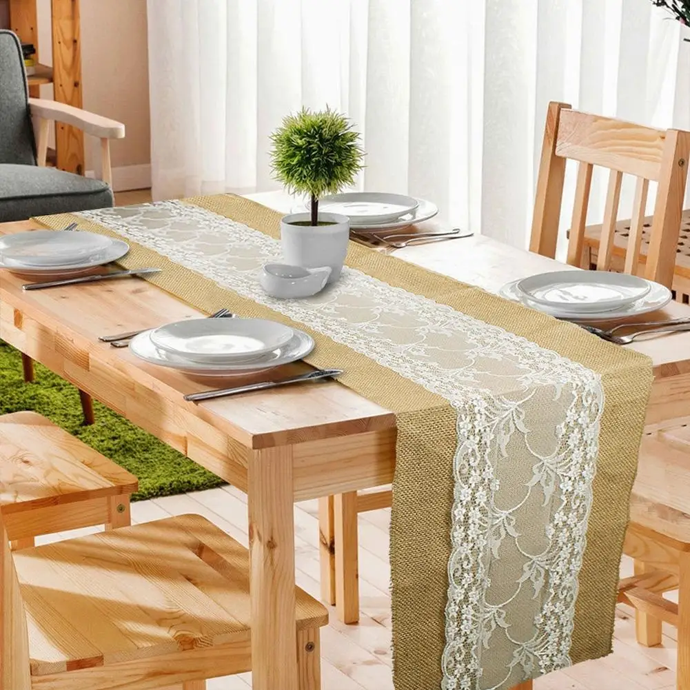Adeeing 275 x 30cm Natural Hessian Burlap Lace Table Runner Flag