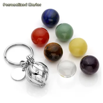 

Personalized Master Customized Name Word Round Tag Keychain Stainless Steel Locket Key Chain with 7 Chakra Healing Crystal Beads