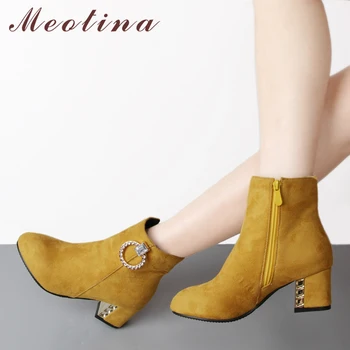 

Meotina Winter Ankle Boots For Women High Heel Boots Crystal Zipper Boots Fashion Ladies Autumn Short Shoes Yellow Red Black