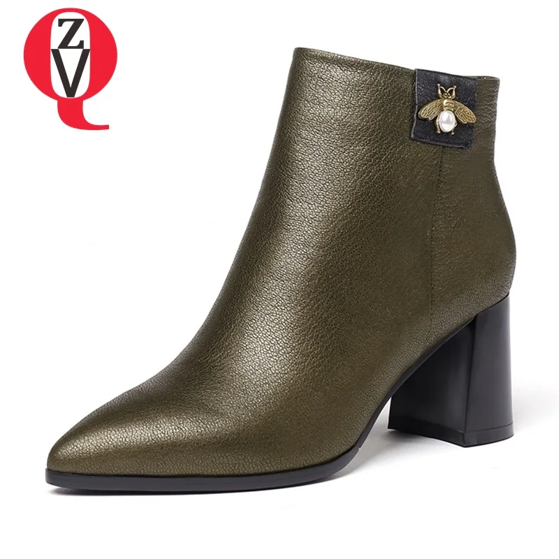 

ZVQ women shoes cow leather high heels side zipper booties new fashion dress ankle boots ladies string bead pointe toe shoes