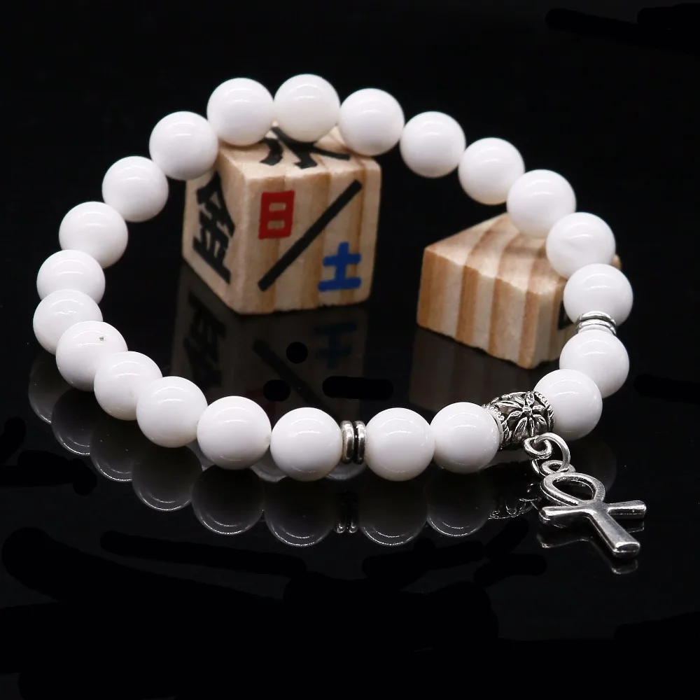 Red cinnabar Stone Beads Bracelet , Natural Stone White Tridacna Egyptian Ankh Cross Pendent Jewelry For Women and Men Bracelet - Image 3