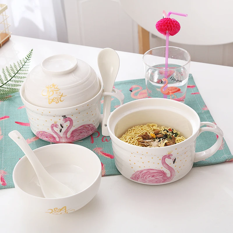 

OUSSIRRO Cartoon Creative Flamingo Instant Noodles Bowl With Spoon Ceramic Bowl Cute Office Student Lunch Bowl Soup Bowl