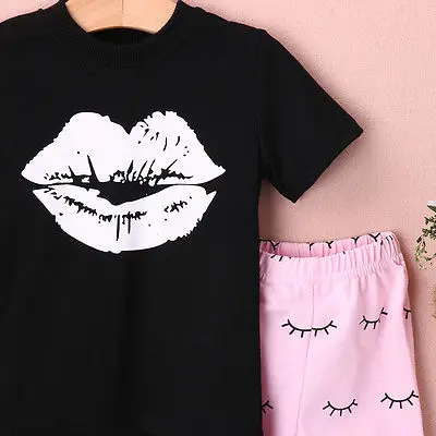 Kids Baby Girls summer clothes set 2pcs suit Lips Tops and eyelash Pink Pant children's clothing sets