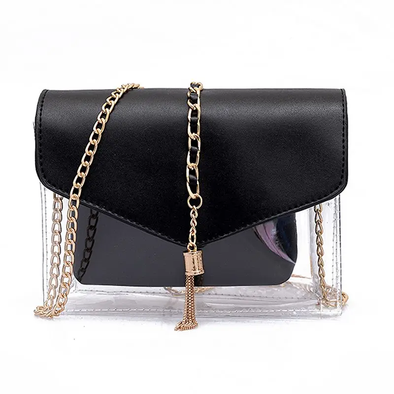 

Fashion Tassel Chic Chain Bags Womens Shoulder Bag Plastic Jelly Transparent Composite Bag Handbags Crossbody Bags Black