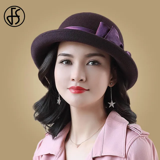 FS Fashion Wide Brim Wool Black Women Fedora Hat Felt Ladies Formal Hats Elegant Bowknow Round
